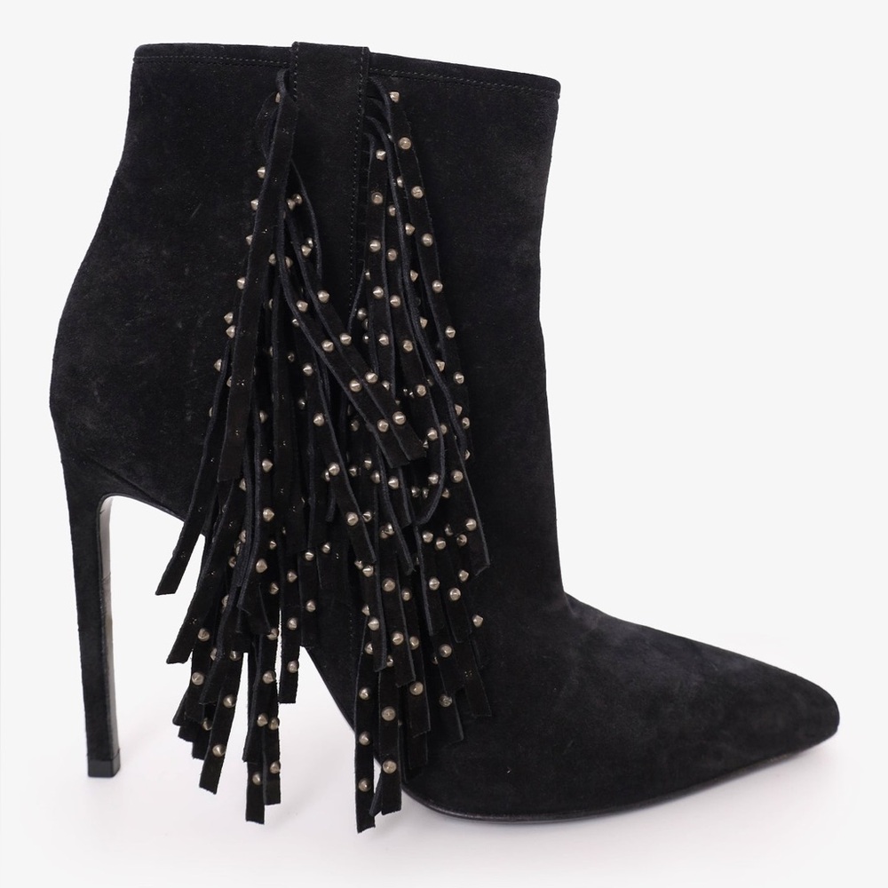 Saint Laurent Black Suede Fringe Heeled Boots